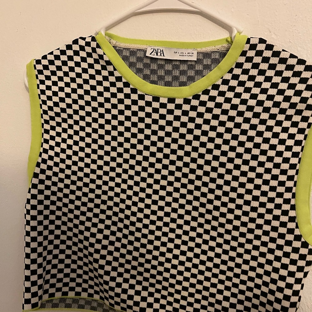 Zara Black and White Checkered Crop Top with Neon Accents